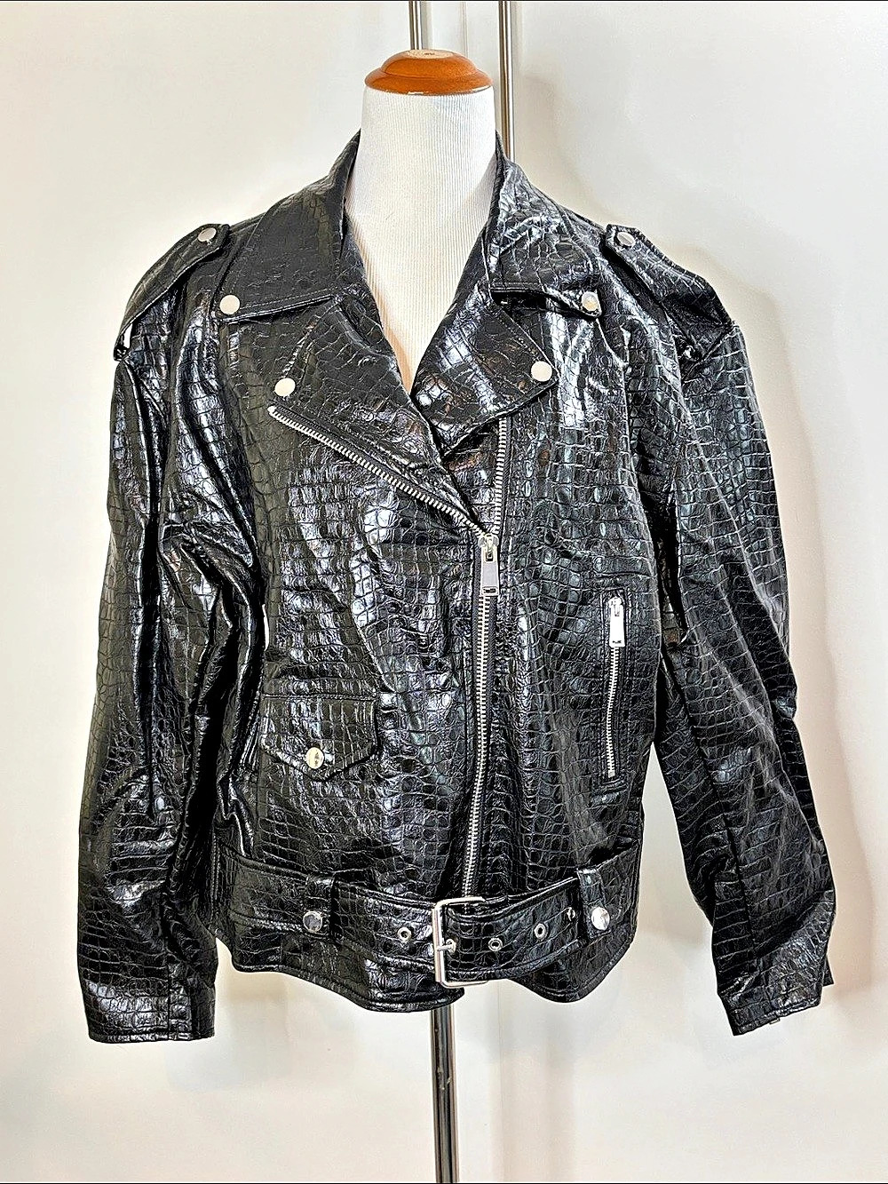 MNG Crocodile-Embossed Moto Jacket in Black Large